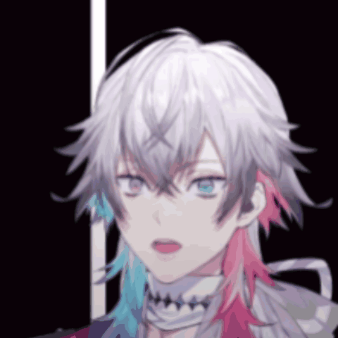 A Close Up Of A Person 'S Face With White Hair And Red And Blue Hair GIF