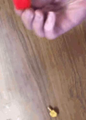 A Close Up Of A Person 'S Hand Holding A Red Object On A Wooden Table . GIF