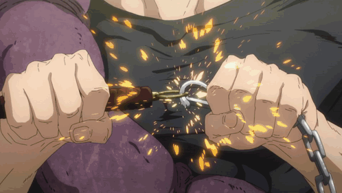A Close Up Of A Person 'S Hands Holding A Chain With Sparks Coming Out Of It GIF