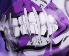 A Close Up Of A Person 'S Mouth With A Lot Of Teeth And A Purple Background . GIF