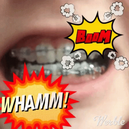 A Close Up Of A Person 'S Mouth With Braces And A Boom Sign GIF