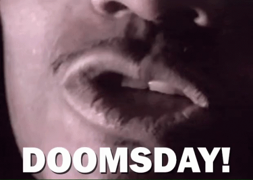 A Close Up Of A Person 'S Mouth With The Words Doomsday In White Letters GIF
