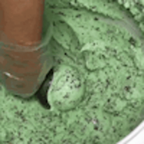 A Close Up Of A Person Scooping Mint Chocolate Chip Ice Cream Into A Bowl . GIF
