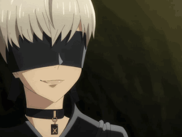 A Close Up Of A Person Wearing A Blindfold And A Choker With A X On It GIF