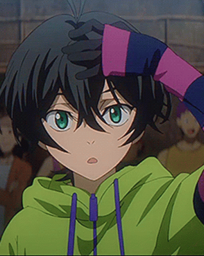 A Close Up Of A Person Wearing A Green Hoodie And A Purple And Blue Striped Glove . GIF