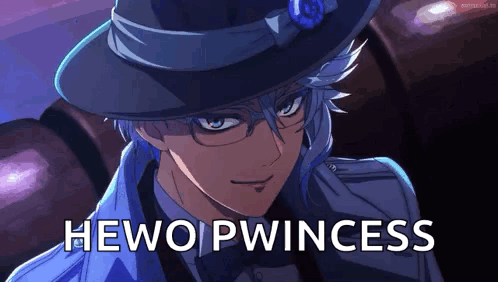A Close Up Of A Person Wearing A Hat And Glasses With The Words Hewo Pwincess Written On The Bottom . GIF