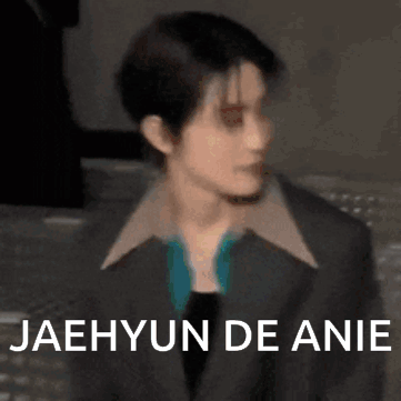 A Close Up Of A Person Wearing A Suit With The Words `` Jaehyun De Anie '' On It . GIF