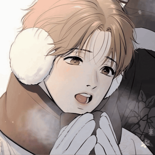 a close up of a person wearing ear warmers and holding a cup