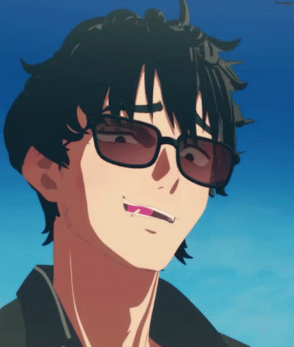 A Close Up Of A Person Wearing Sunglasses With A Blue Background GIF