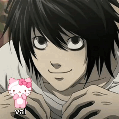 A Close Up Of A Person With A Hello Kitty And The Word Val On The Bottom Right GIF