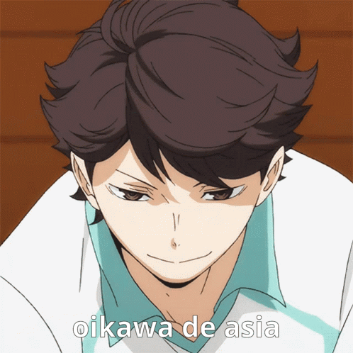 A Close Up Of A Person With Oikawa De Asia Written On The Bottom GIF