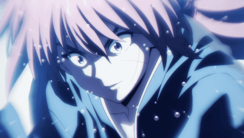 A Close Up Of A Person With Pink Hair And Blue Eyes GIF