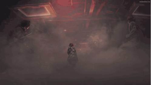 A Close Up Of A Person With Red Eyes And A Flame On Their Head GIF