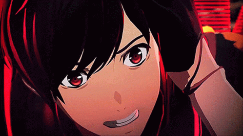 A Close Up Of A Person With Red Eyes And Black Hair GIF