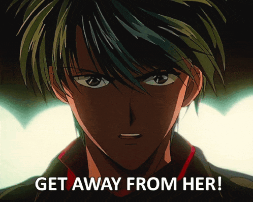 A Close Up Of A Person With The Words Get Away From Her On The Bottom GIF