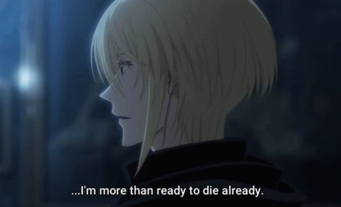A Close Up Of A Person With The Words " I 'M More Than Ready To Die Already " On The Bottom GIF