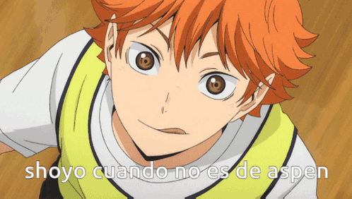 A Close Up Of A Person With The Words Shoyo Cuando No Es De Aspen Below Them GIF
