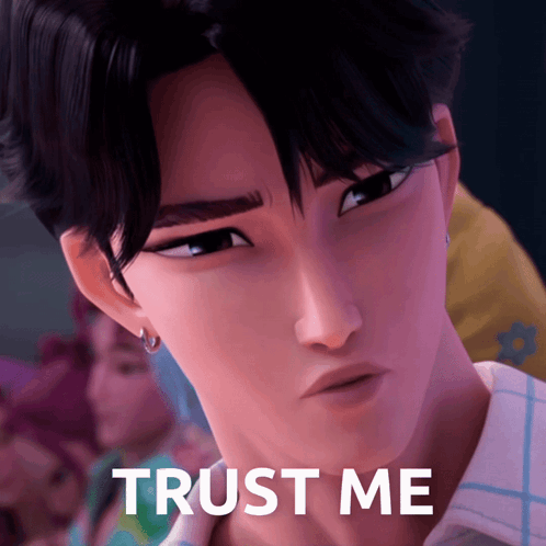 A Close Up Of A Person With The Words Trust Me Behind Them GIF