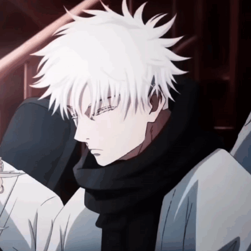 A Close Up Of A Person With White Hair And A Black Scarf Around Their Neck GIF
