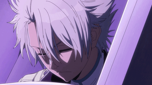 A Close Up Of A Person With White Hair And A Purple Background GIF