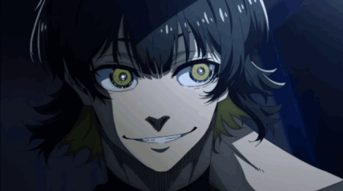 A Close Up Of A Person With Yellow Eyes And Black Hair GIF