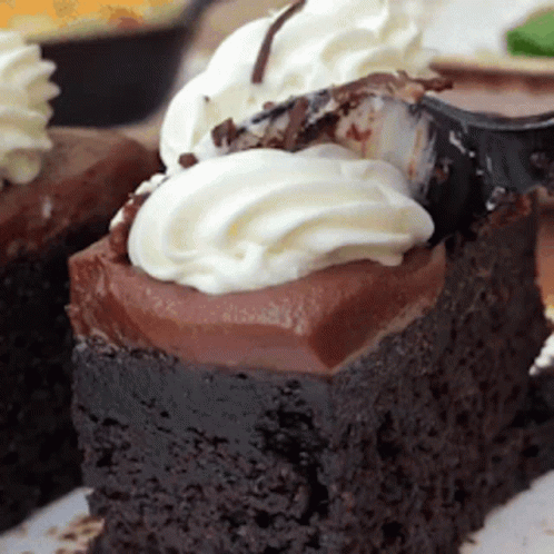 A Close Up Of A Piece Of Chocolate Cake With Whipped Cream GIF