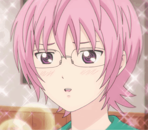 A Close Up Of A Pink Haired Anime Character Wearing Glasses GIF