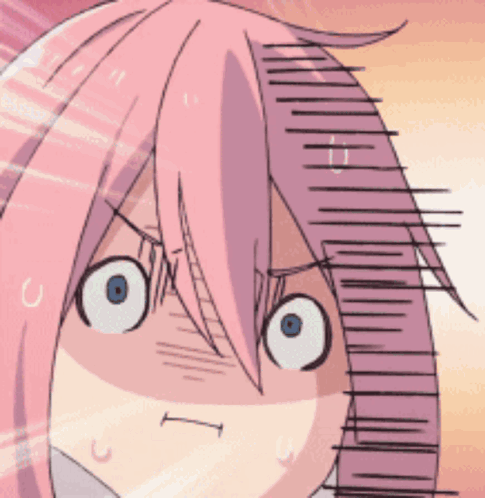 A Close Up Of A Pink Haired Anime Character With A Surprised Look On Her Face GIF