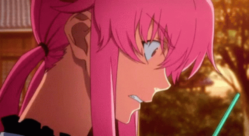A Close Up Of A Pink Haired Anime Girl With A Green Pencil In Her Mouth . GIF