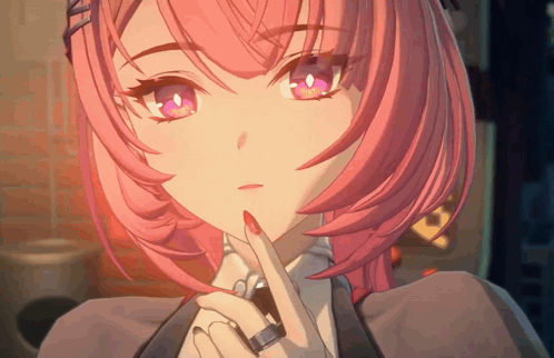 A Close Up Of A Pink Haired Anime Girl With A Ring On Her Finger GIF
