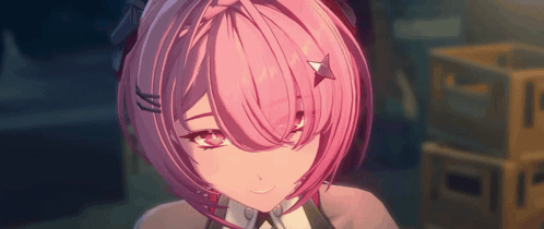 A Close Up Of A Pink Haired Anime Girl With A Star On Her Forehead GIF