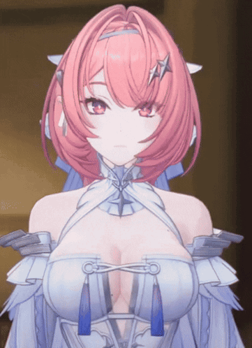 A Close Up Of A Pink Haired Anime Girl With A White Dress GIF