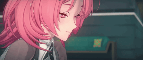 A Close Up Of A Pink Haired Anime Girl With Red Eyes GIF