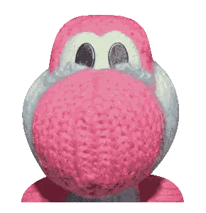 a close up of a pink stuffed animal with a white nose