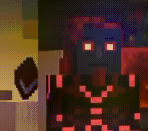 A Close Up Of A Pixel Art Of A Minecraft Character With Red Eyes . GIF