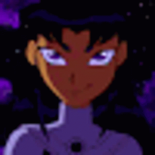 A Close Up Of A Pixel Art Of A Person 'S Face With A Purple Background . GIF