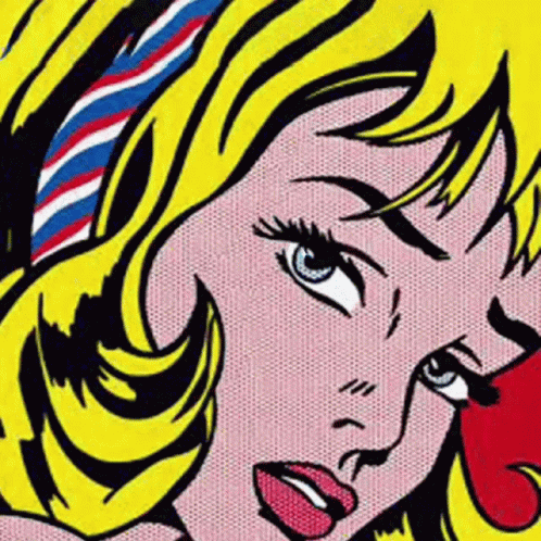 A Close Up Of A Pop Art Painting Of A Woman 'S Face With A Headband On Her Head . GIF