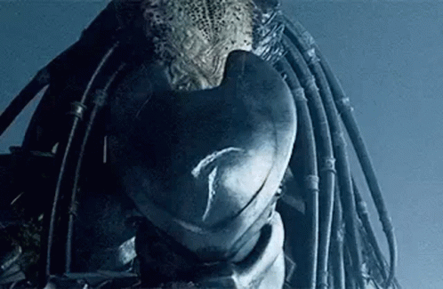 A Close Up Of A Predator 'S Head With Dreadlocks And A Helmet . GIF