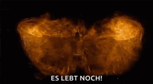 A Close Up Of A Pumpkin With A Face On It And The Words `` Es Lebt Noch '' Written Below It . GIF