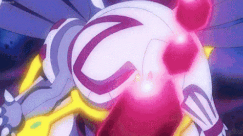 A Close Up Of A Purple And White Cartoon Character With A Pink Light Coming Out Of His Chest . GIF