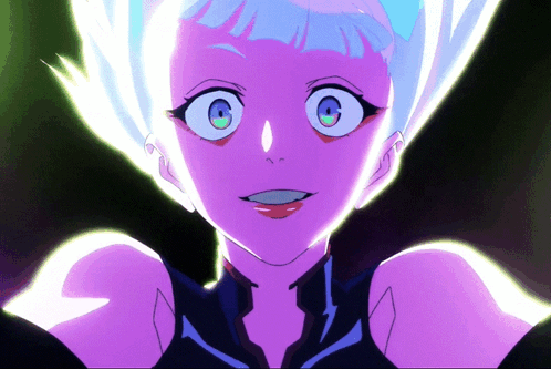 A Close Up Of A Purple Anime Character With White Hair GIF