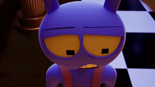 A Close Up Of A Purple Cartoon Character On A Checkerboard Floor GIF