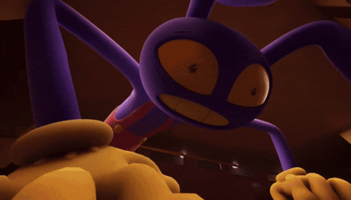 A Close Up Of A Purple Cartoon Character With A Yellow Face GIF