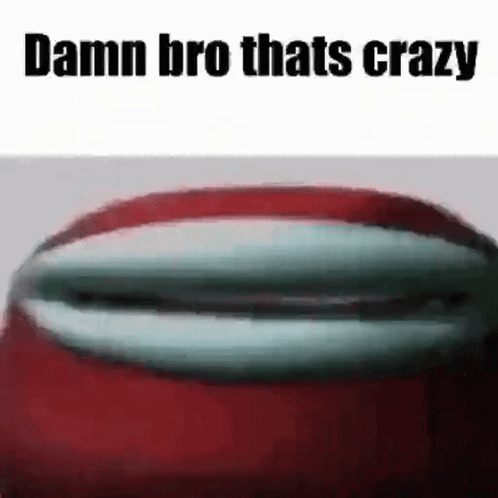 A Close Up Of A Red Among Us Character 'S Mouth With The Words `` Damn Bro Thats Crazy '' . GIF