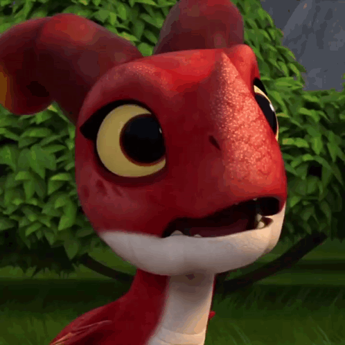 A Close Up Of A Red And White Cartoon Dragon With A Surprised Look On His Face . GIF