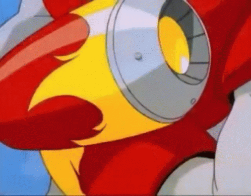 A Close Up Of A Red And Yellow Cartoon Character With A Rocket . GIF