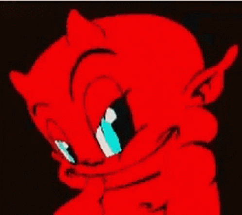 A Close Up Of A Red Cartoon Devil With Blue Eyes GIF