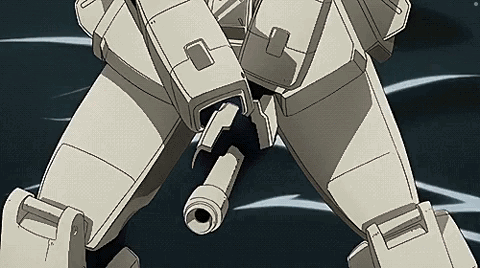 A Close Up Of A Robot 'S Legs With A Cannon Coming Out Of It . GIF