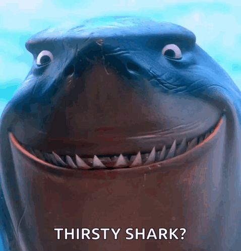 A Close Up Of A Shark With The Words " Thirsty Shark " Above It GIF