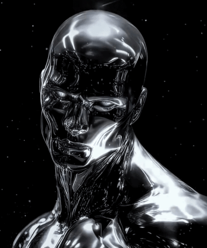 A Close Up Of A Silver Statue With A Dark Background GIF